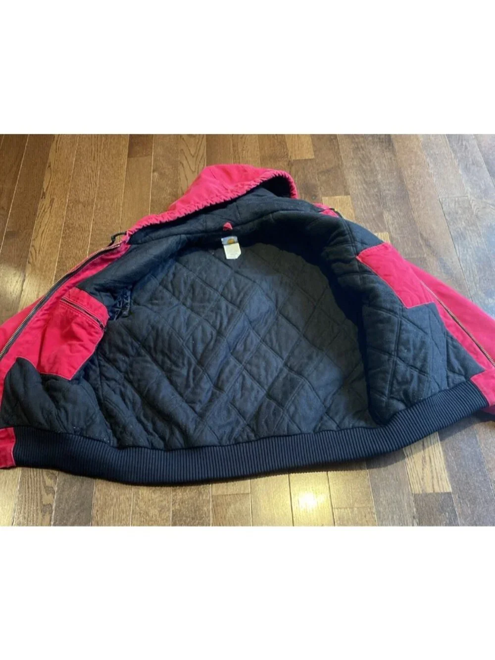 VTG Carhartt Y2K Unisex Red Hooded Zip-Up Work Farm Jacket Large USA Made - Picture 13 of 16